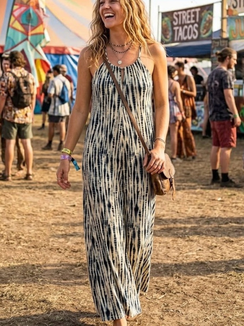 DEX Tie Dye Halter Maxi Dress Boho Shibori Print Festival Party Breezy Resort